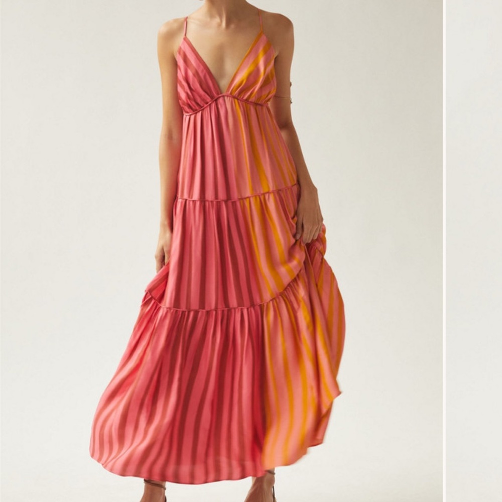 Farm Rio Deep V Mixed Stripe Pink and Orange Maxi Dress